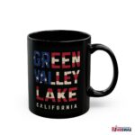 Green Valley Lake Black Coffee Mug styled with the American Flag