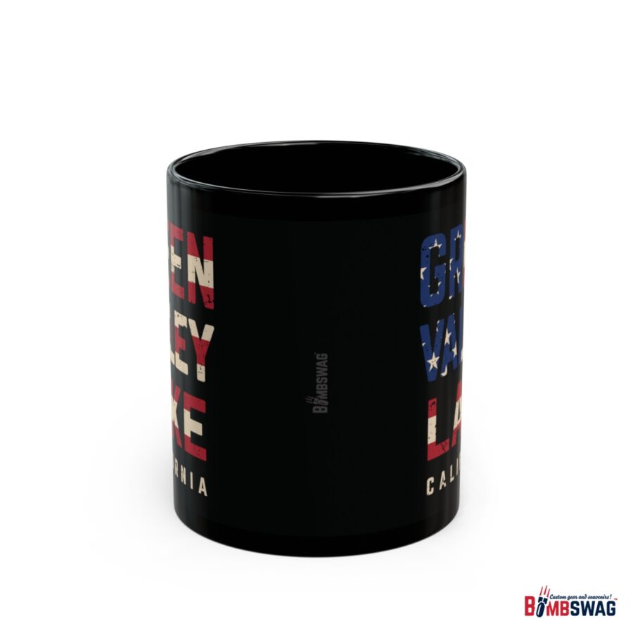 green valley lake black coffee mug styled with the american flag