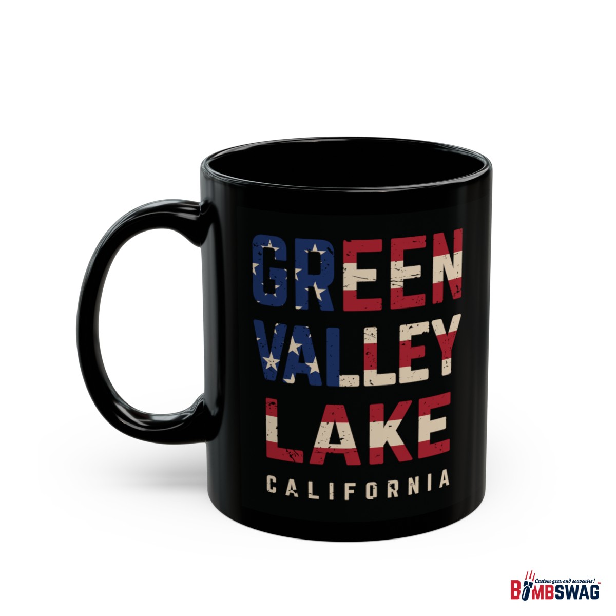 green valley lake black coffee mug styled with the american flag