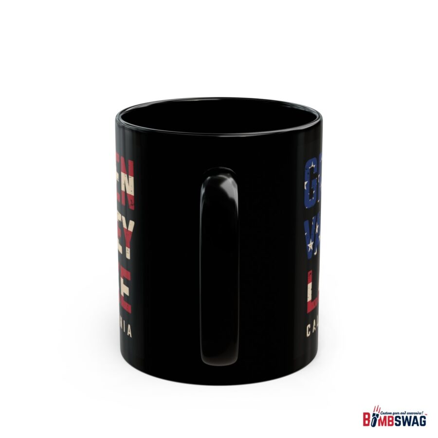 green valley lake black coffee mug styled with the american flag