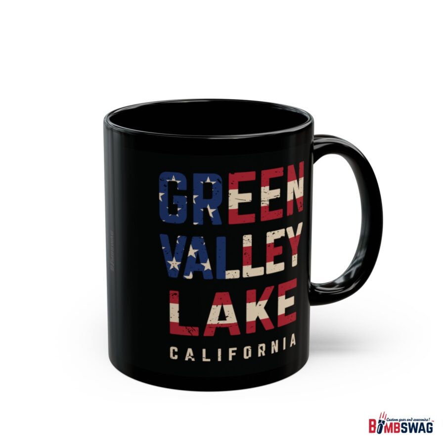 green valley lake black coffee mug styled with the american flag