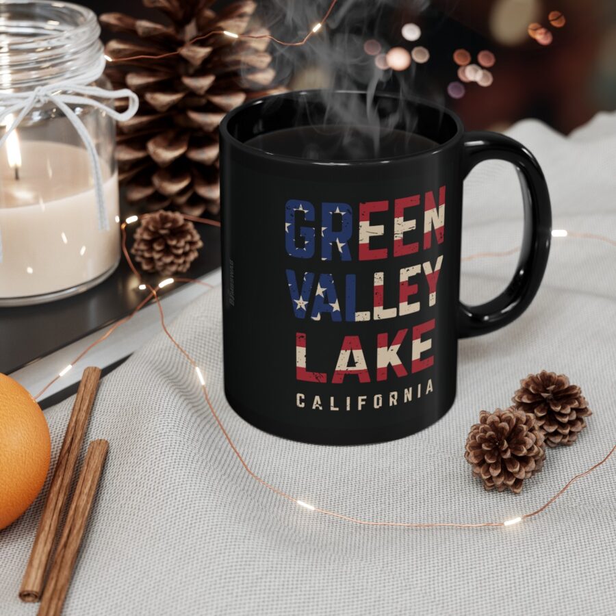 green valley lake black coffee mug styled with the american flag