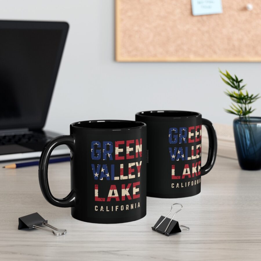 green valley lake black coffee mug styled with the american flag