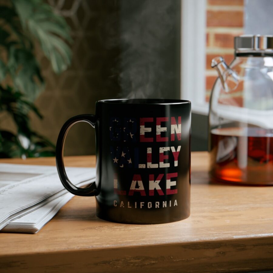 green valley lake black coffee mug styled with the american flag