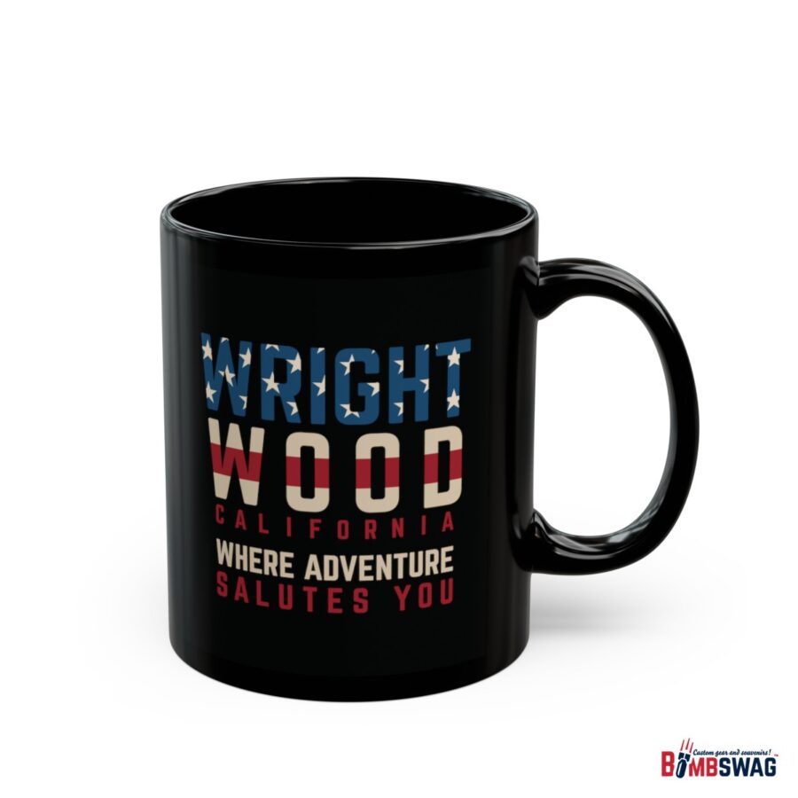 wrightwood, ca black patriotic coffee mug styled as the american flag where adventure salutes you