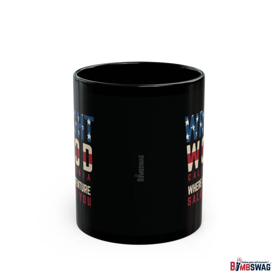 wrightwood, ca black patriotic coffee mug styled as the american flag where adventure salutes you