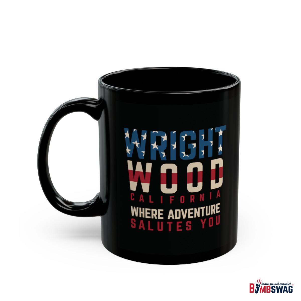 wrightwood, ca black patriotic coffee mug styled as the american flag where adventure salutes you