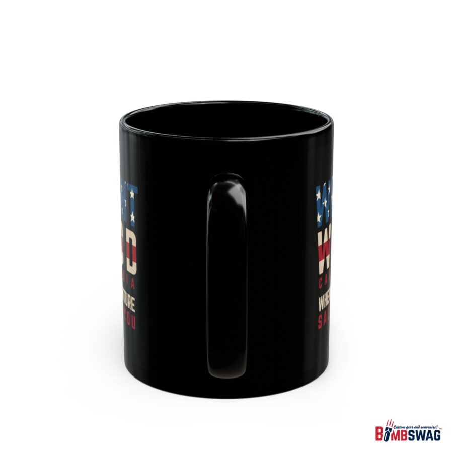 wrightwood, ca black patriotic coffee mug styled as the american flag where adventure salutes you