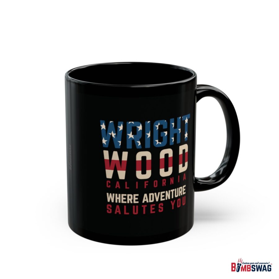 wrightwood, ca black patriotic coffee mug styled as the american flag where adventure salutes you