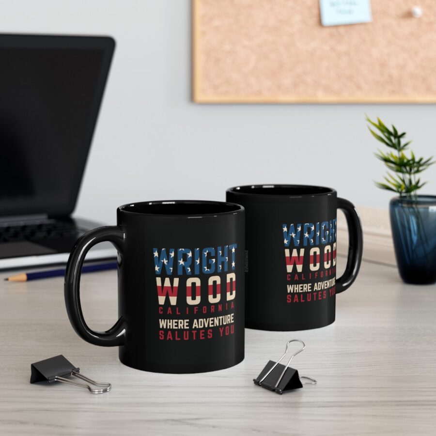 wrightwood, ca black patriotic coffee mug styled as the american flag where adventure salutes you