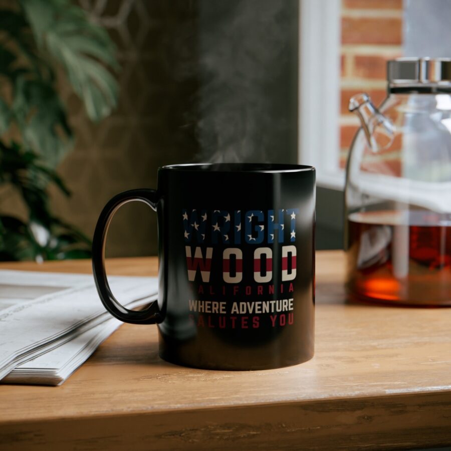 wrightwood, ca black patriotic coffee mug styled as the american flag where adventure salutes you