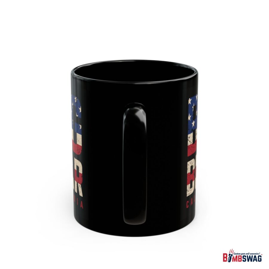 big bear black coffee mug styled with the american flag