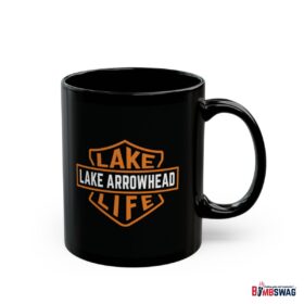 lake arrowhead black coffee mug with our signature lake life shield