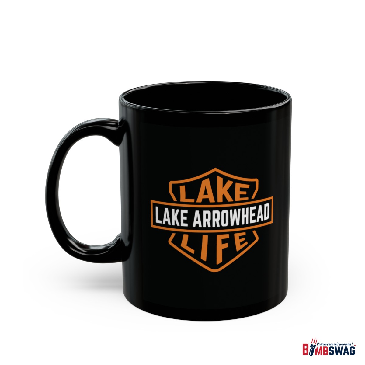 lake arrowhead black coffee mug with our signature lake life shield