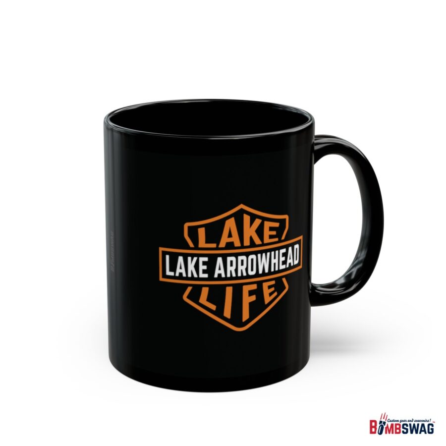 lake arrowhead black coffee mug with our signature lake life shield