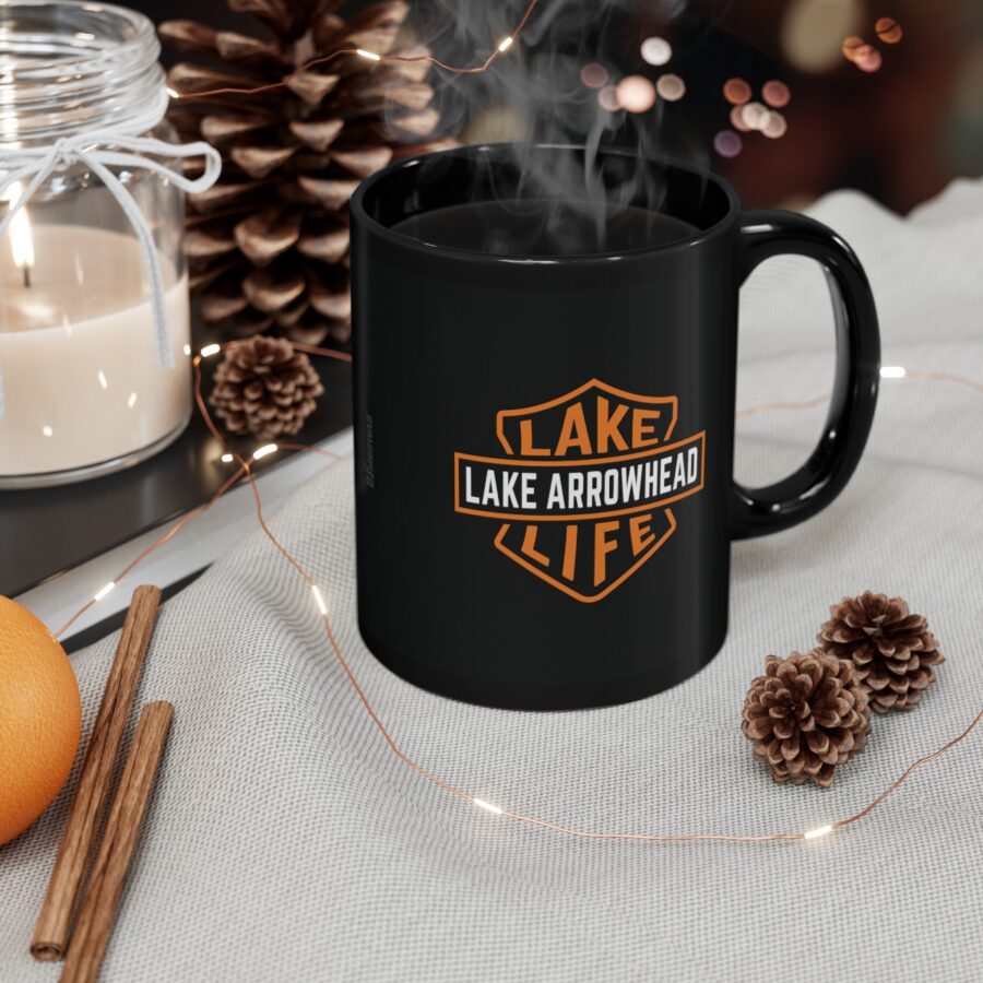 lake arrowhead black coffee mug with our signature lake life shield