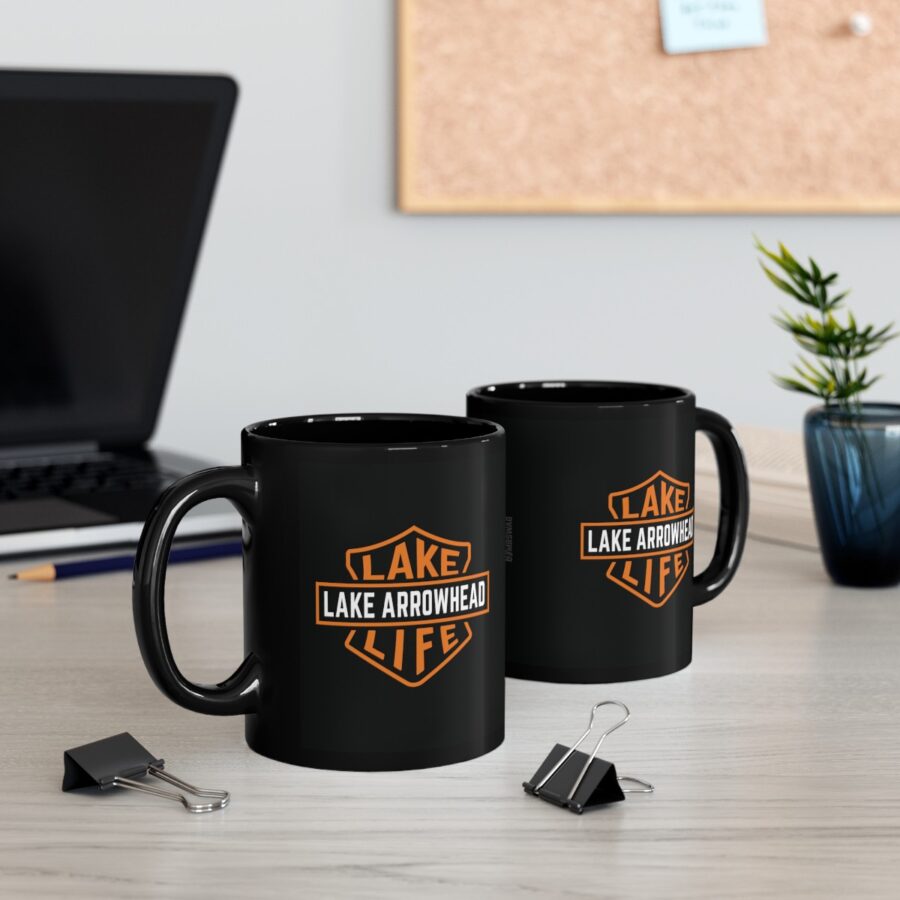 lake arrowhead black coffee mug with our signature lake life shield