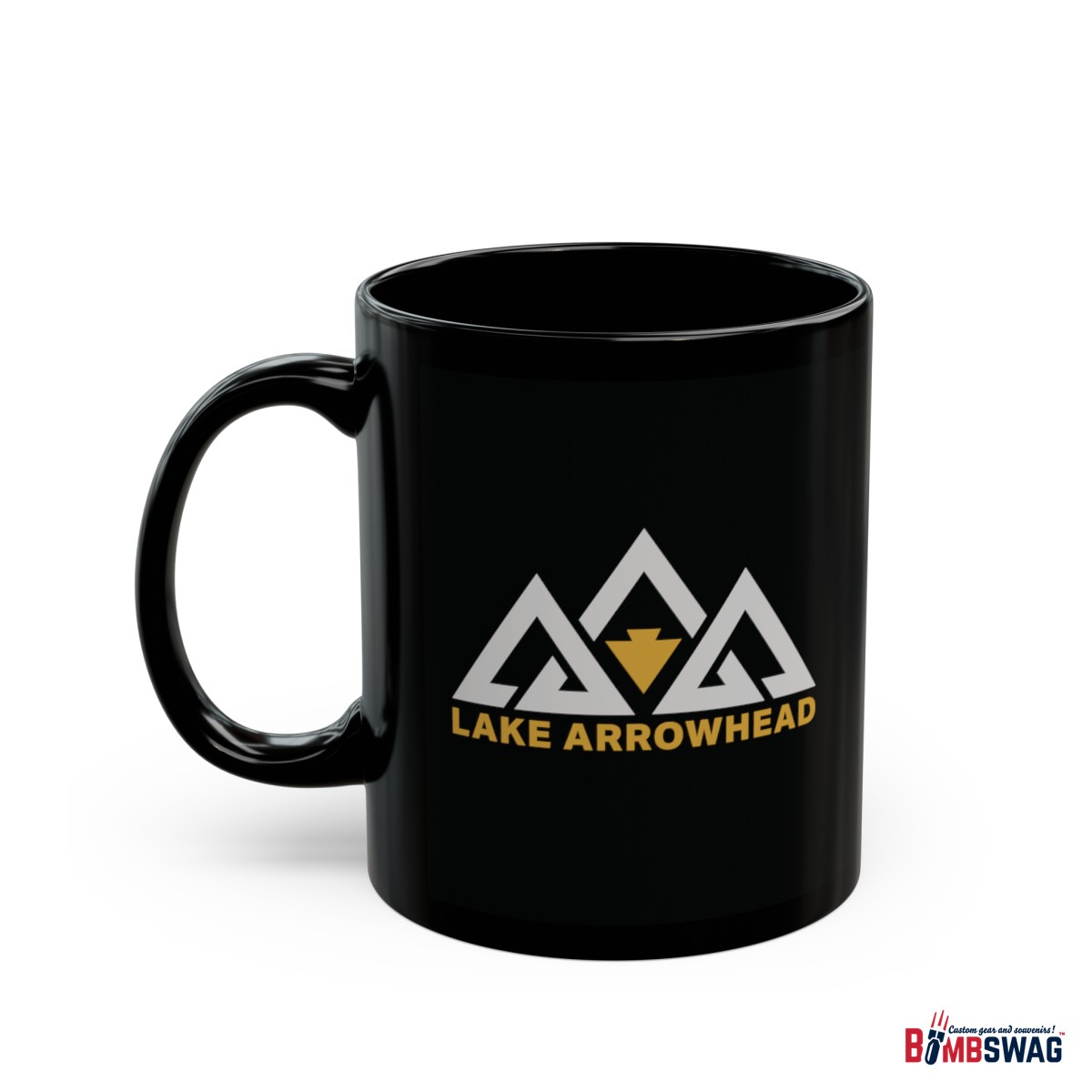 lake arrowhead 11oz black coffee mug with our black gold three peak arrowhead design