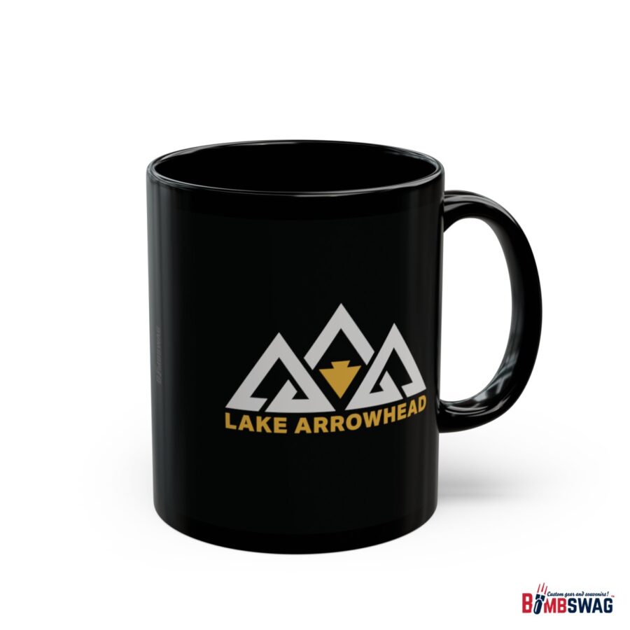 lake arrowhead 11oz black coffee mug with our black gold three peak arrowhead design