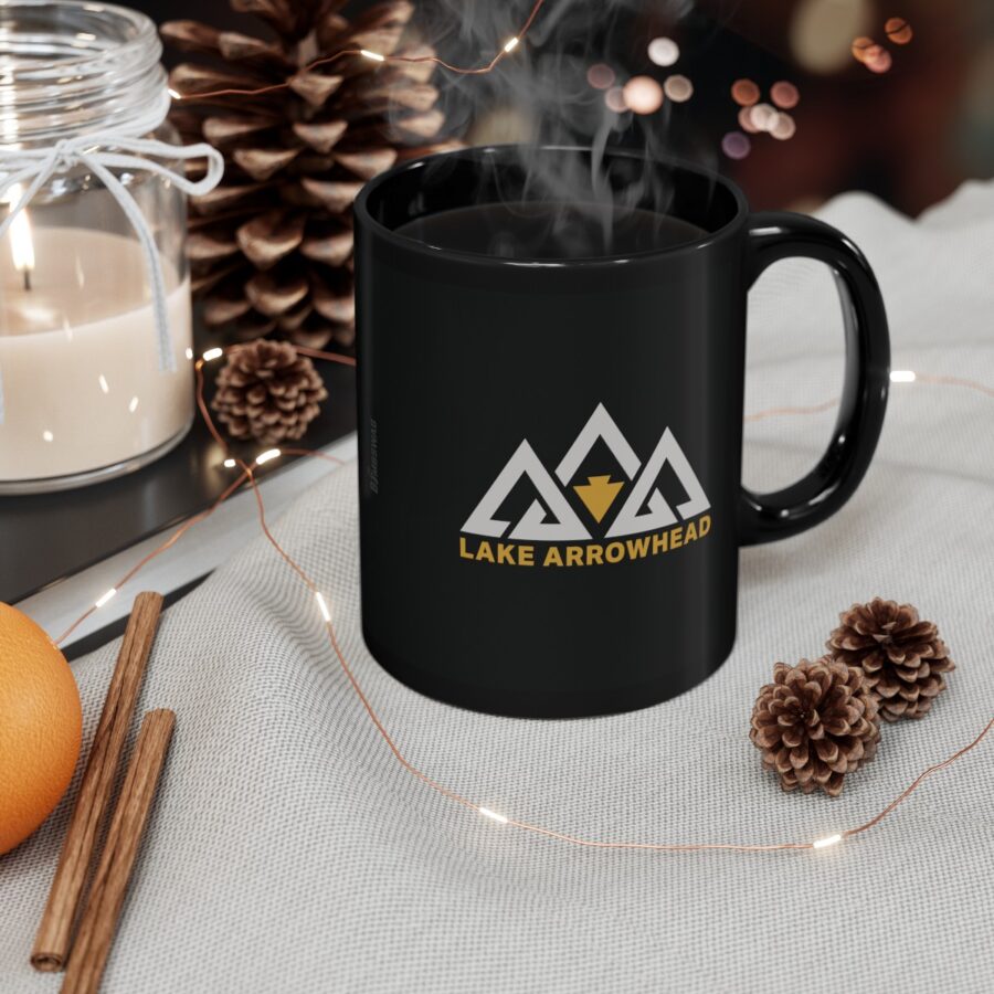 lake arrowhead 11oz black coffee mug with our black gold three peak arrowhead design