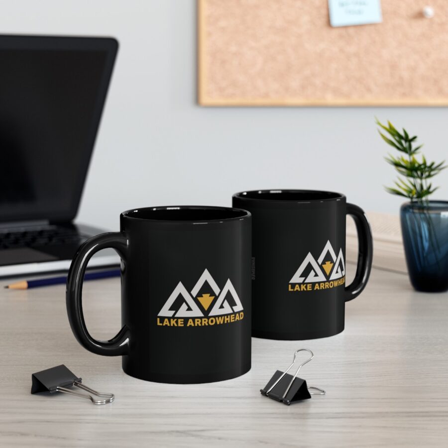 lake arrowhead 11oz black coffee mug with our black gold three peak arrowhead design