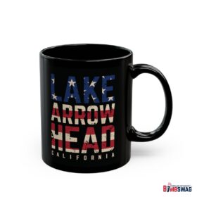 lake arrowhead black coffee mug styled with the american flag