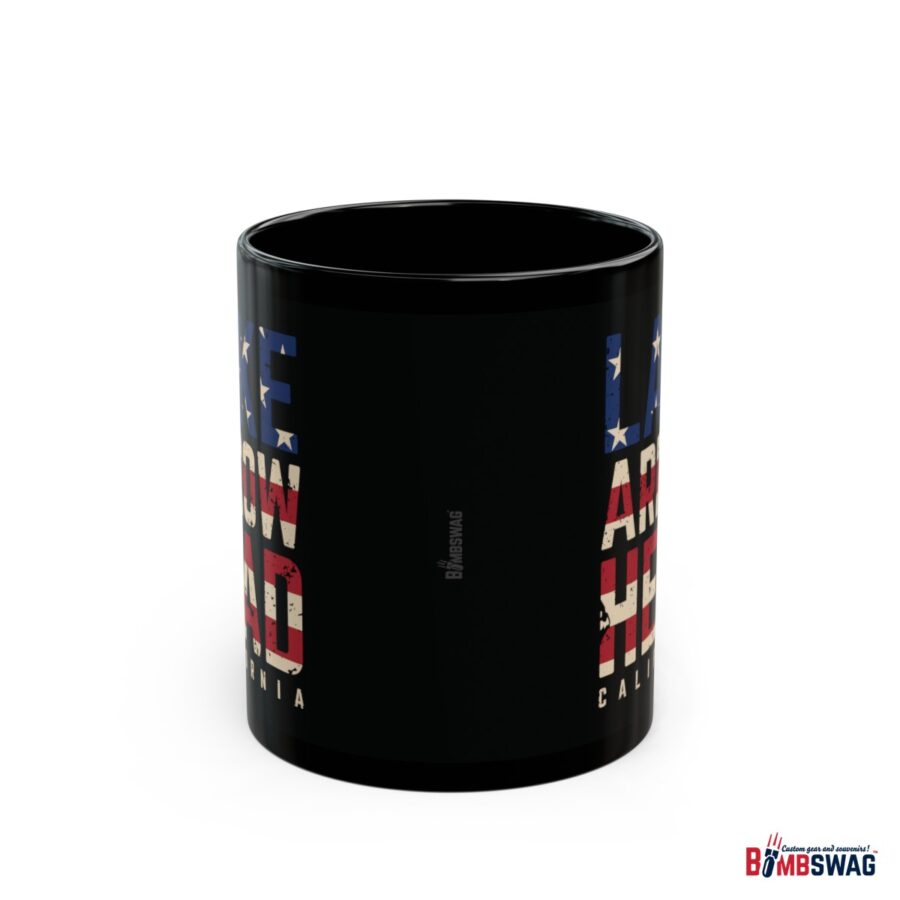 lake arrowhead black coffee mug styled with the american flag