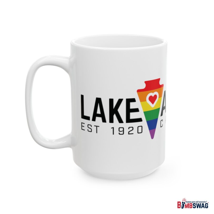 lake arrowhead coffee mug with our lgbtq+ arrowhead, heart, and font art