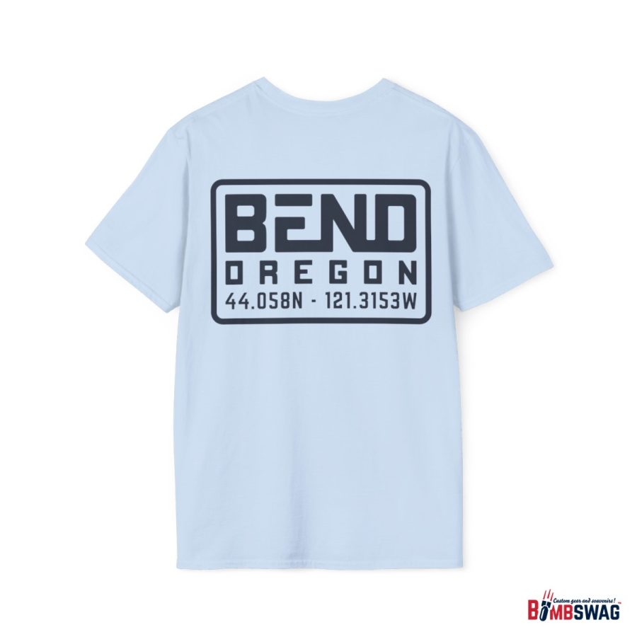 bend, or modern typeface unisex softstyle t shirt with map coordinates