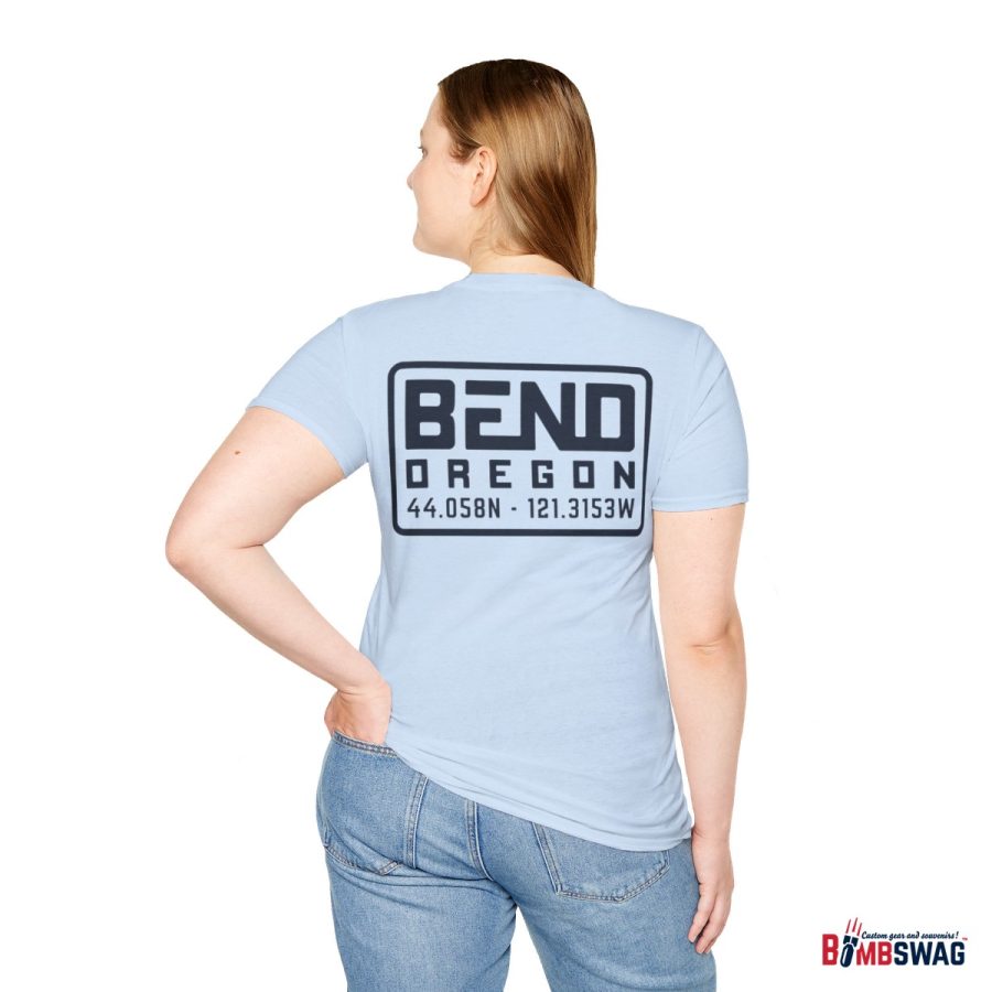 bend, or modern typeface unisex softstyle t shirt with map coordinates