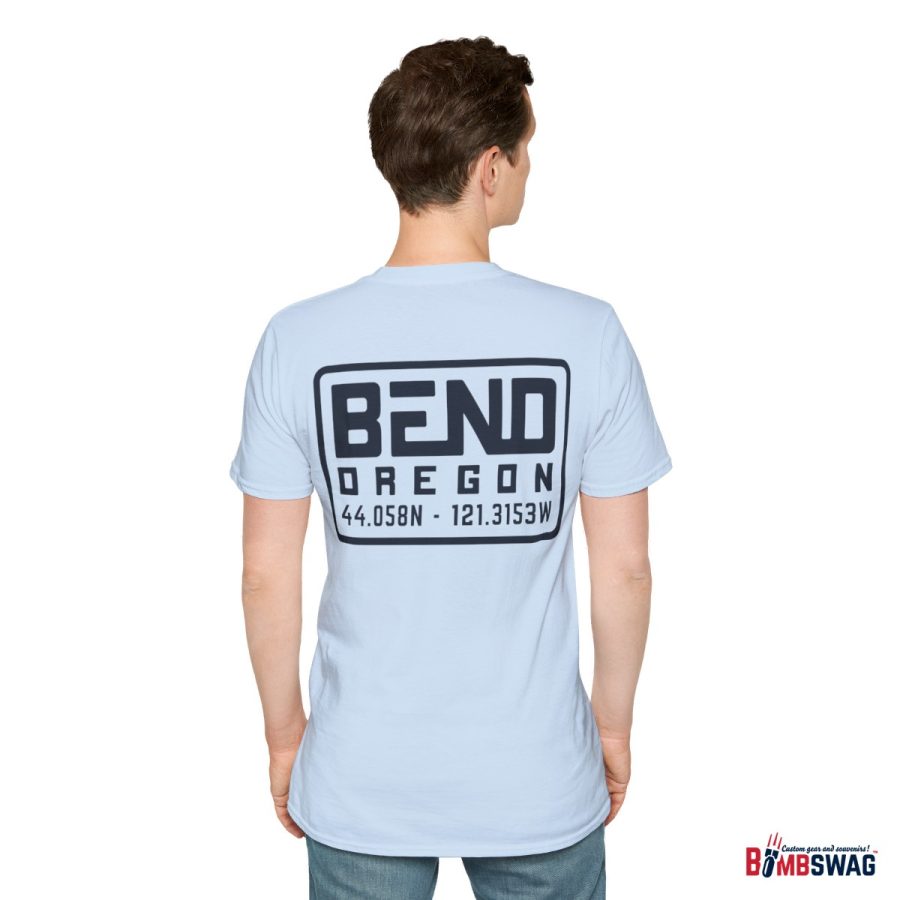 bend, or modern typeface unisex softstyle t shirt with map coordinates