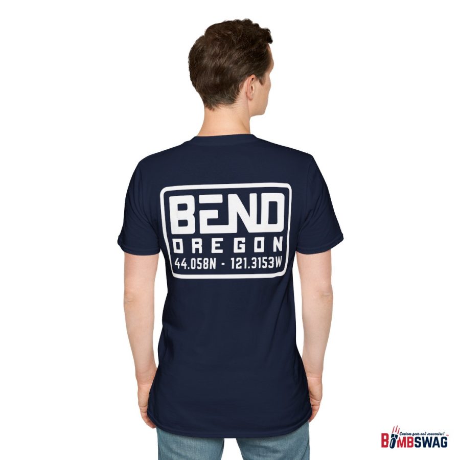 bend, or modern typeface unisex softstyle t shirt with map coordinates