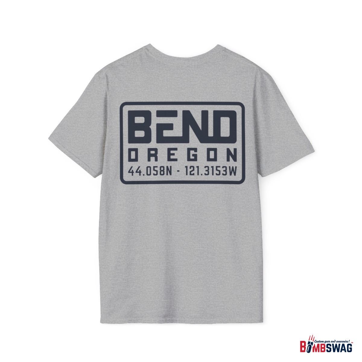 bend, or modern typeface unisex softstyle t shirt with map coordinates