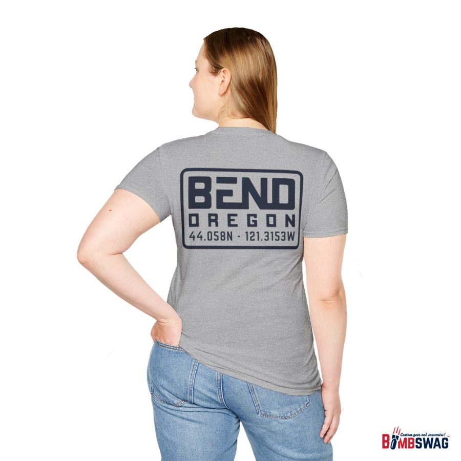 bend, or modern typeface unisex softstyle t shirt with map coordinates