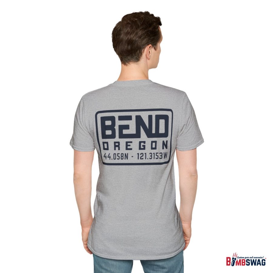 bend, or modern typeface unisex softstyle t shirt with map coordinates