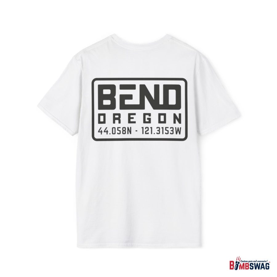 bend, or modern typeface unisex softstyle t shirt with map coordinates