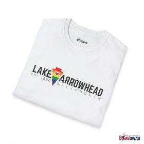 lake arrowhead lgbtq+ pride unisex softstyle t shirt with rainbow arrowhead