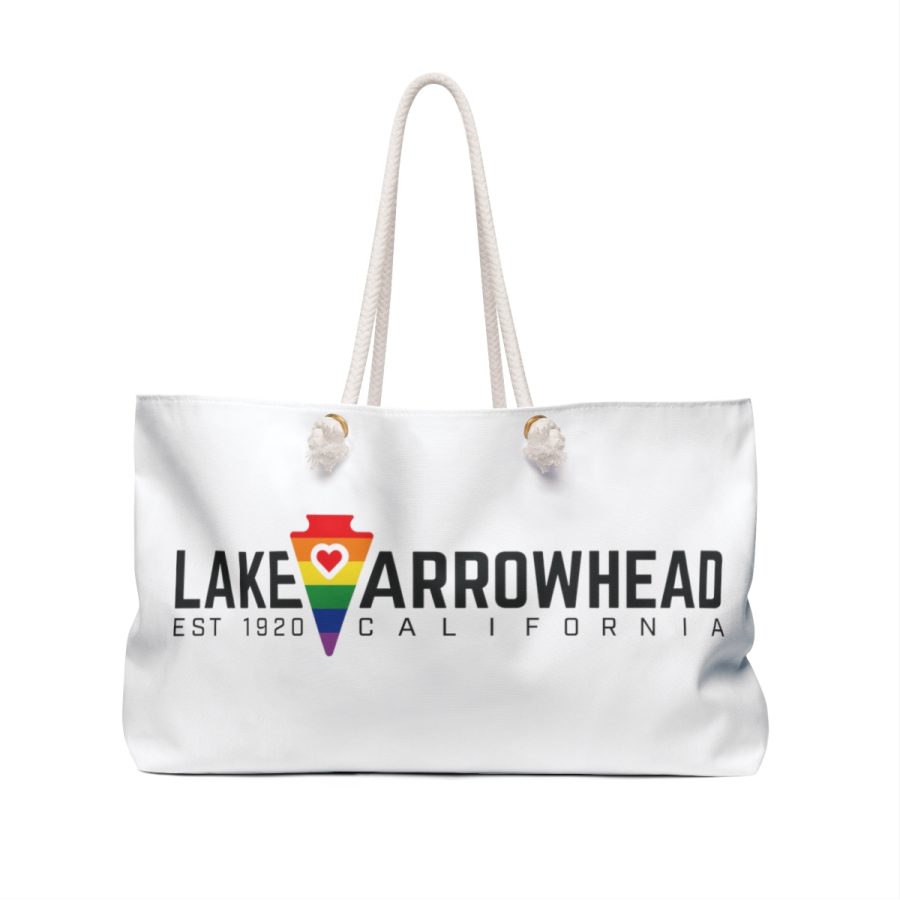 lake arrowhead lgbtq+ weekender tote bag with rainbow arrowhead + heart