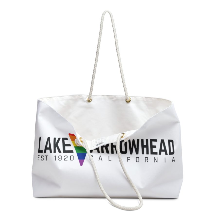 lake arrowhead lgbtq+ weekender tote bag with rainbow arrowhead + heart