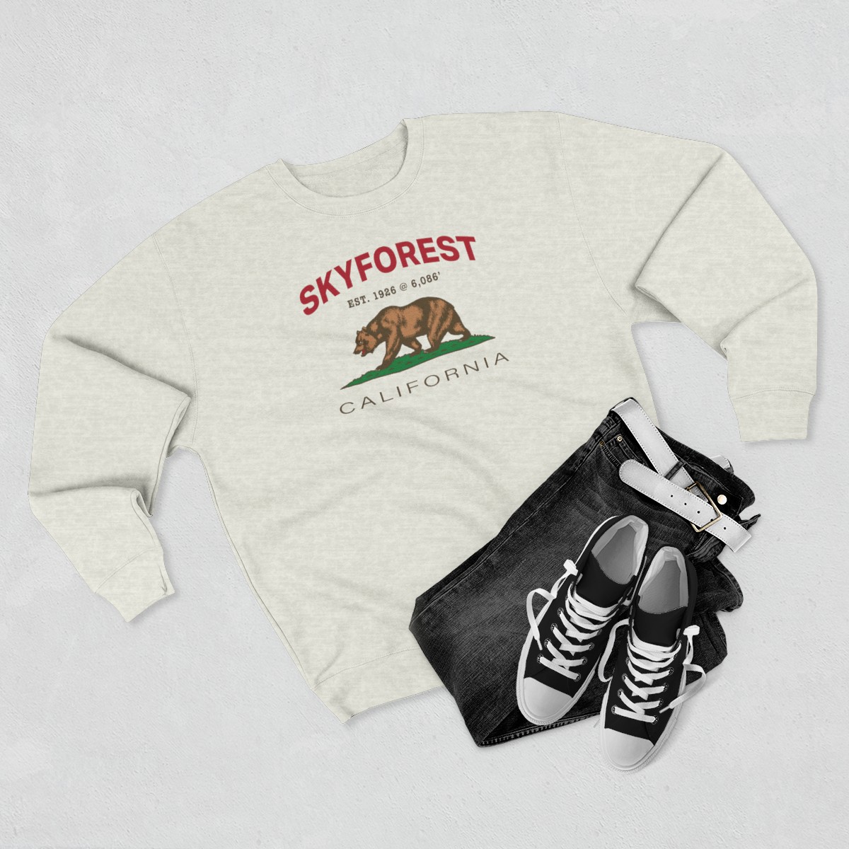 skyforest, ca premium california bear crewneck sweatshirt with est. date + elevation