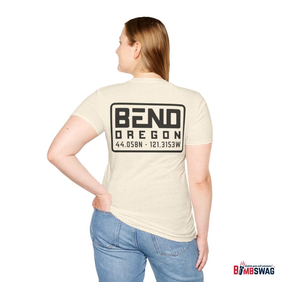 bend, or modern typeface unisex softstyle t shirt with map coordinates