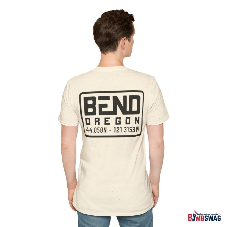 bend, or modern typeface unisex softstyle t shirt with map coordinates