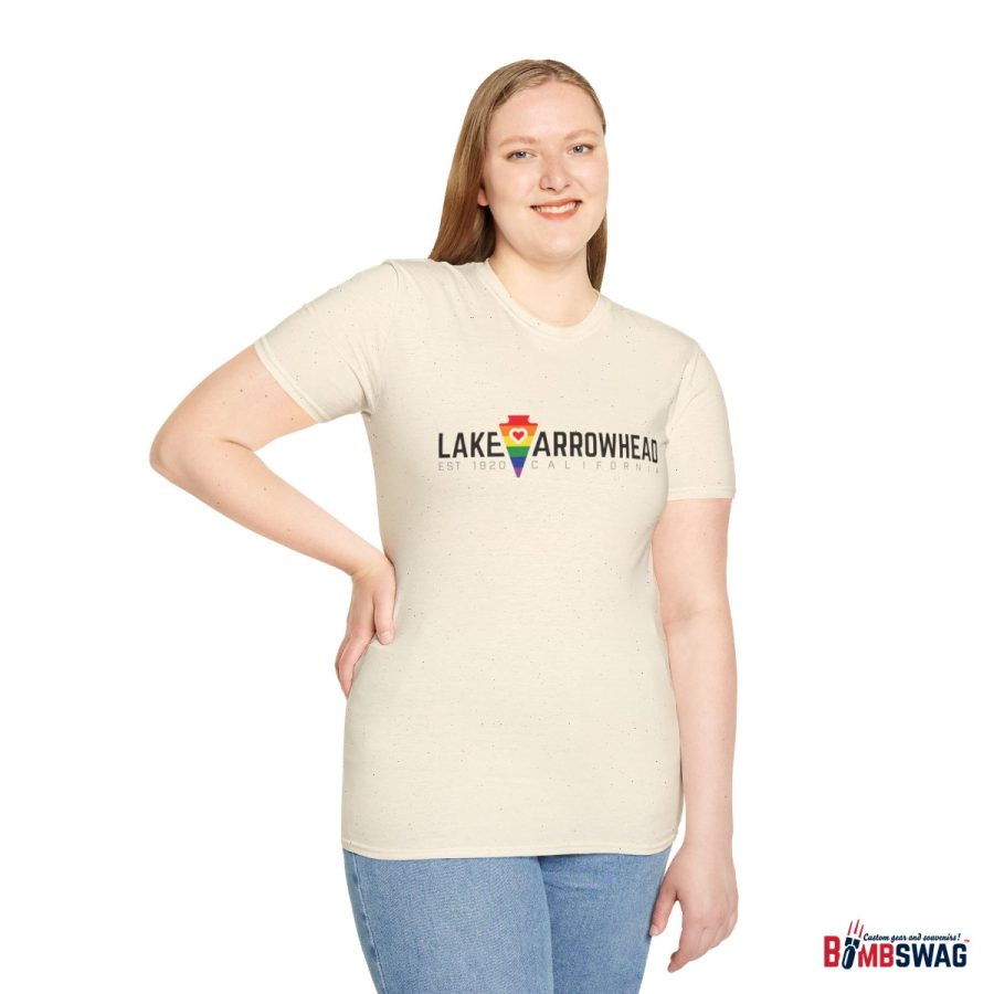 lake arrowhead lgbtq+ pride unisex softstyle t shirt with rainbow arrowhead
