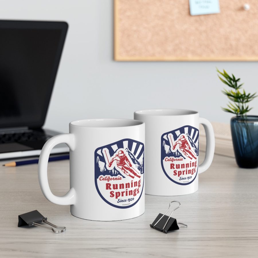 running springs coffee mug with our classic snow ski badge design