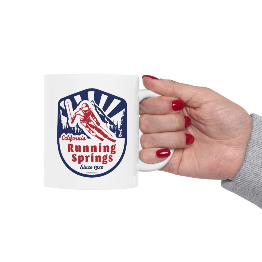 running springs coffee mug with our classic snow ski badge design