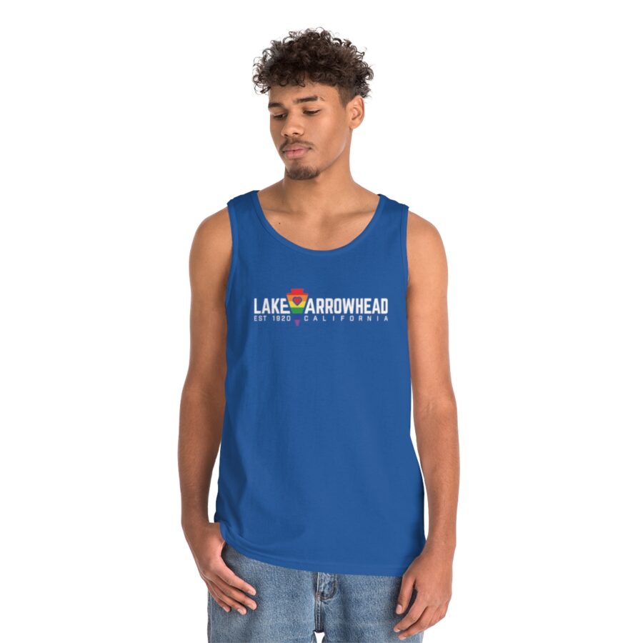 lake arrowhead lgbtq+ pride unisex tank top with rainbow arrowhead + heart