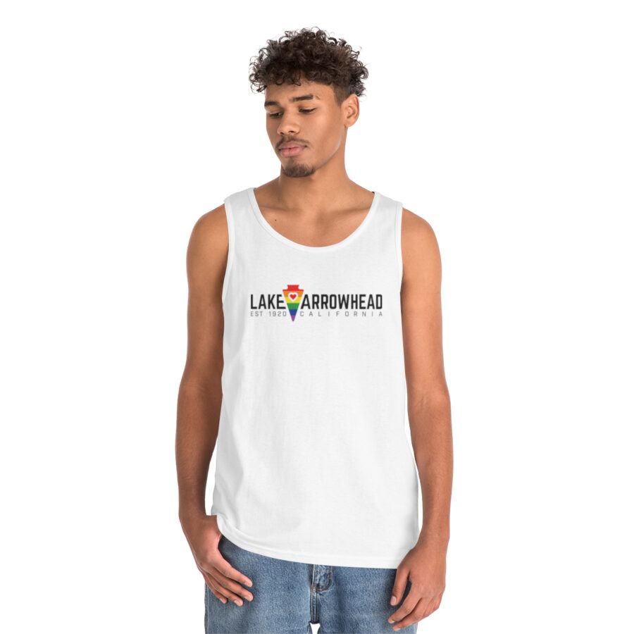lake arrowhead lgbtq+ pride unisex tank top with rainbow arrowhead + heart