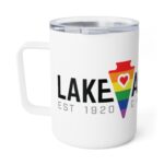 Lake Arrowhead 10oz Insulated Travel Mug with our LGBTQ+ Arrowhead, Heart, and Font Art