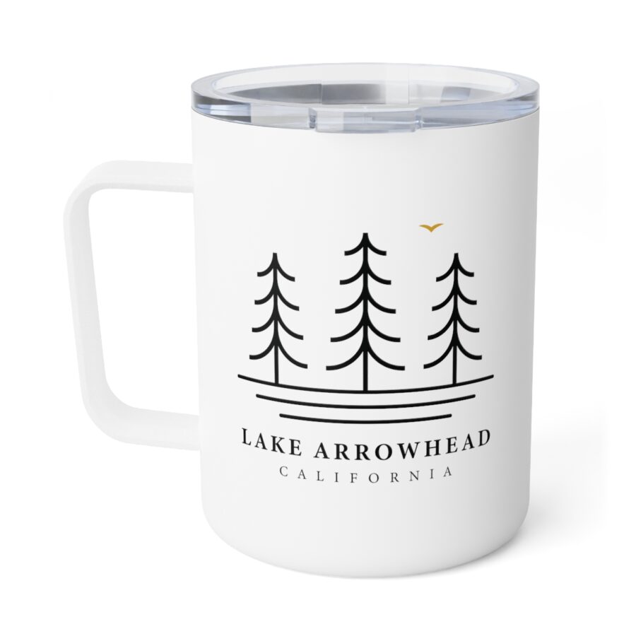 lake arrowhead 10oz insulated travel mug with our three tree and water line art