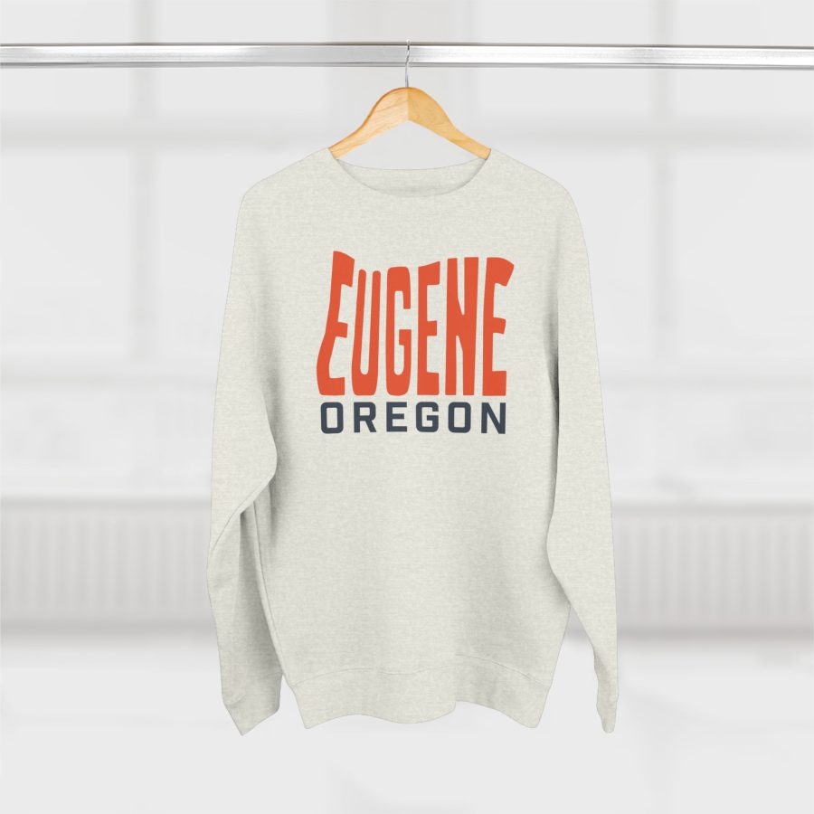 eugene premium crewneck sweatshirt with custom state shaped typeface